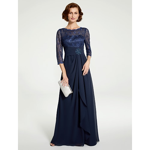 

A-Line Mother of the Bride Dress Jewel Neck Floor Length Chiffon Lace 3/4 Length Sleeve with Lace Ruching 2022 / Illusion Sleeve