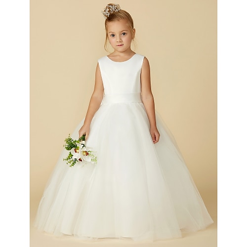 

Wedding First Communion A-Line Flower Girl Dresses Jewel Neck Floor Length Satin Tulle Spring Summer with Bow(s) Buttons Cute Girls' Party Dress Fit 3-16 Years