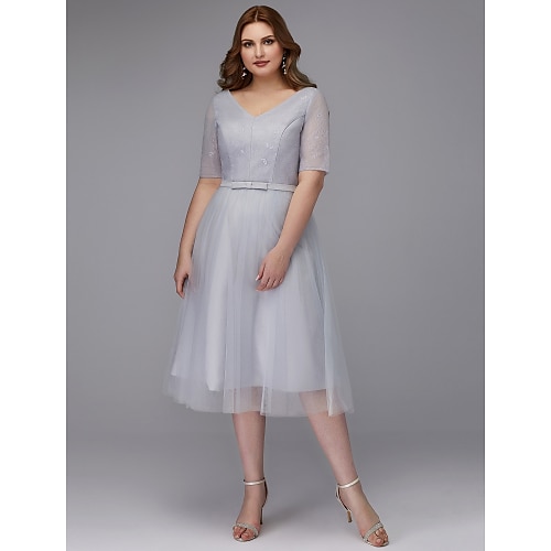 

A-Line Elegant Cocktail Party Dress V Neck Lace-up Short Sleeve Tea Length Lace with Sash / Ribbon 2022