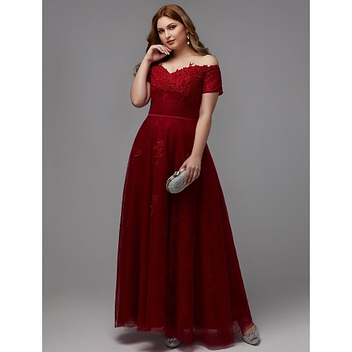 

A-Line Plus Size Dress Prom Floor Length Short Sleeve Off Shoulder Lace Lace-up with Beading Appliques 2022 / Formal Evening