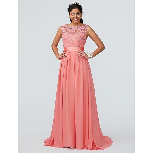 

A-Line Bridesmaid Dress Bateau Neck Sleeveless Beautiful Back Sweep / Brush Train Chiffon / Lace with Lace / Sash / Ribbon 2022 / Open Back