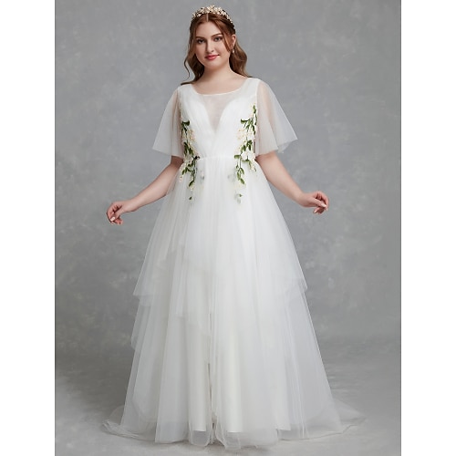 

A-Line Wedding Dresses Jewel Neck Sweep / Brush Train Tulle Short Sleeve Casual Boho Plus Size with Lace 2022 / Illusion Sleeve