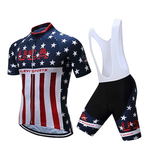 

21Grams Men's Cycling Jersey with Bib Shorts Short Sleeve Mountain Bike MTB Road Bike Cycling White Black American / USA USA National Flag Bike Clothing Suit Breathable Moisture Wicking Back Pocket