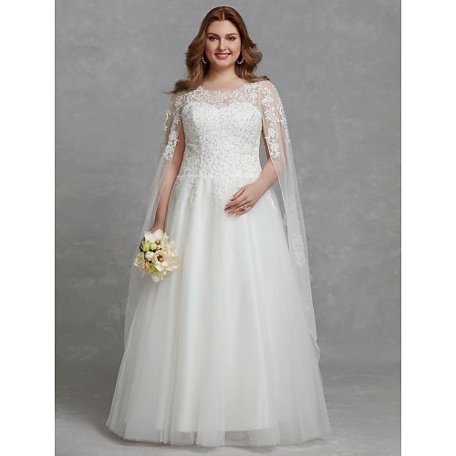 

A-Line Wedding Dresses Jewel Neck Floor Length Lace Tulle Long Sleeve Cutouts with Lace Beading 2022
