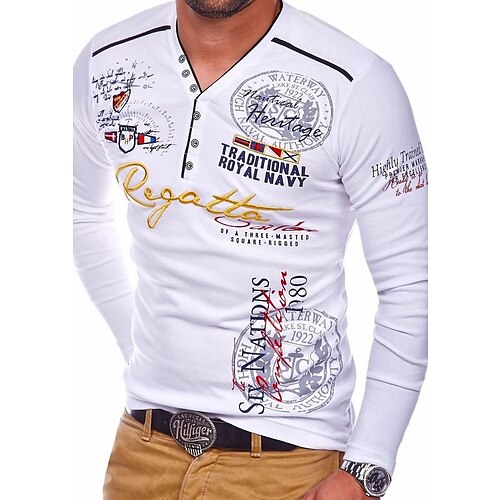 

Men's T shirt Tee Shirt Tee Graphic Letter V Neck Blue Orange White Black Print Long Sleeve Clothing Apparel Muscle Esencial