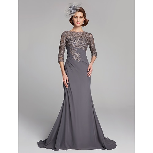 

Sheath / Column Mother of the Bride Dress Plus Size Elegant See Through Bateau Neck Sweep / Brush Train Chiffon Lace 3/4 Length Sleeve with Crystals 2022