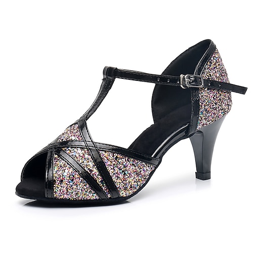 

Women's Latin Shoes Training Performance Practice Sparkling Shoes Heel Glitter Cuban Heel T-Strap Rainbow / Leather