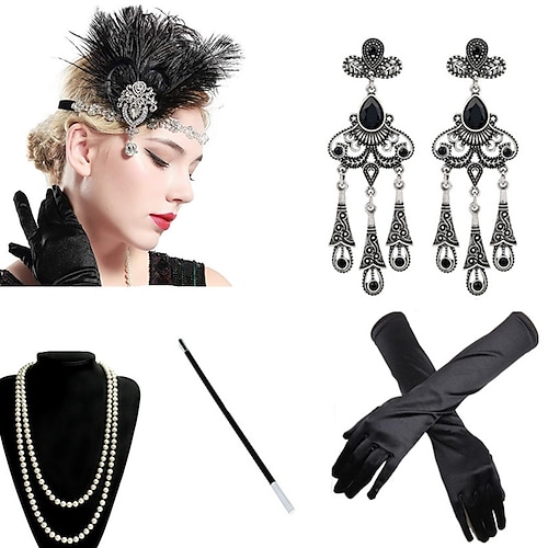 

The Great Gatsby Charleston Roaring 20s 1920s The Great Gatsby Costume Accessory Sets Gloves Flapper Headband Women's Tassel Fringe Costume Head Jewelry Earrings Pearl Necklace Vintage Cosplay Party