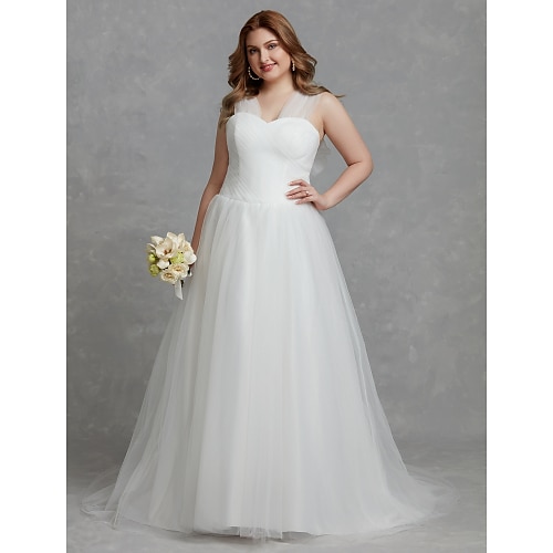 

A-Line Wedding Dresses V Neck Court Train Tulle Sleeveless Romantic Simple Illusion Detail Plus Size Backless with Ruched 2022