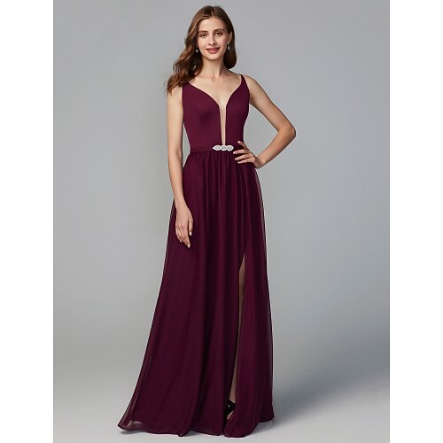 

A-Line Bridesmaid Dress Y Neck Sleeveless Elegant Floor Length Chiffon with Split Front / Crystal Brooch 2022