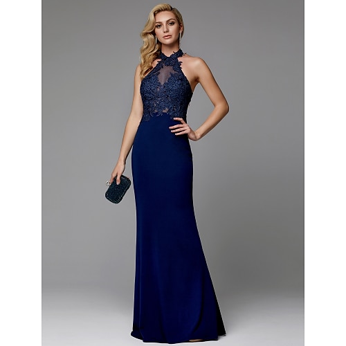 

Sheath / Column Evening Dresses Cut Out Dress Wedding Guest Floor Length Sleeveless Halter Neck Spandex Crisscross Back with Appliques 2022