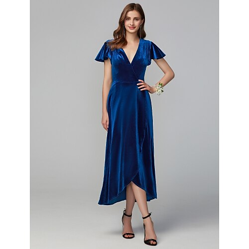 

A-Line Bridesmaid Dress V Neck Short Sleeve Asymmetrical Velvet with Split Front 2022