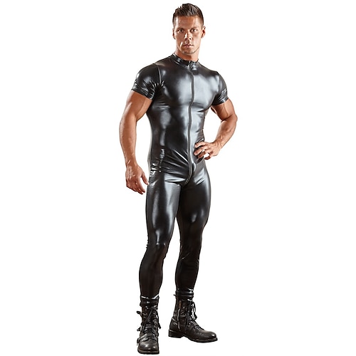 

Exotic Dancewear Leotard / Onesie Full Length Visible Zipper Men's Training Performance Short Sleeve PU