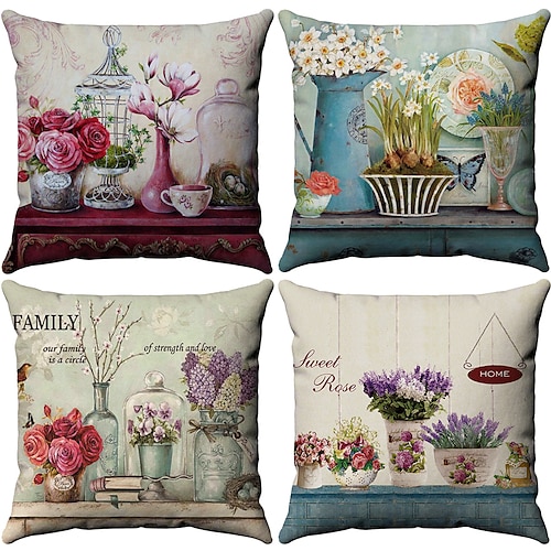 

4 pcs Pillow Cover, Floral Floral&Plants Rustic Square Traditional Classic Home Sofa Decorative Faux Linen Cushion for Sofa Couch Bed Chair