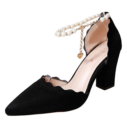 

Women's Heels Ankle Strap Heels Pearl Block Heel Chunky Heel Pointed Toe Party Evening Office Career PU Spring Solid Colored Black Gray Pink