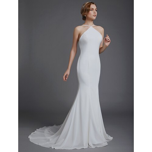 

Mermaid / Trumpet Wedding Dresses Spaghetti Strap Court Train Chiffon Over Satin Sleeveless Beautiful Back with 2022