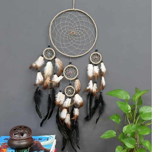 

Boho Dream Catcher Handmade Gift Wall Hanging Decor Art Ornament Craft Feather 5 Circles Hemp Bead For Kids Bedroom Wedding Festival 7520cm