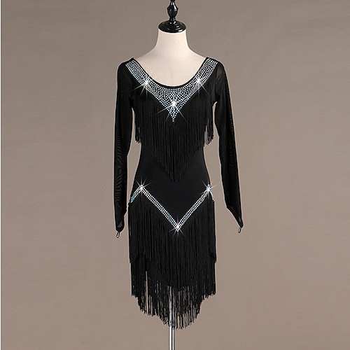 

Latin Dance Dress Tassel Crystals / Rhinestones Women's Training Performance Long Sleeve High Spandex Tulle