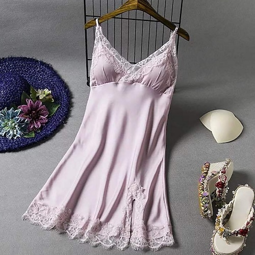 

Women's Gift Pajamas Nightgown Home Party Daily Lace Pure Color Polyester Satin Simple Casual Soft Spring Summer V Neck Sleeveless