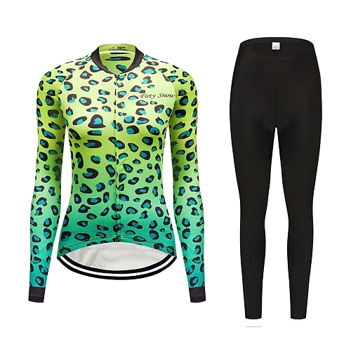 

FirtySnow Women's Cycling Jersey with Tights Long Sleeve Mountain Bike MTB Road Bike Cycling Winter Green Leopard Bike Clothing Suit Thermal Warm Windproof Fleece Lining Back Pocket Polyester Fleece