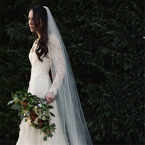 

One-tier European Style Wedding Veil Chapel Veils with Beading Cotton / nylon with a hint of stretch / Angel cut / Waterfall