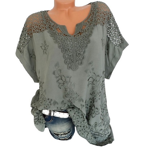 

Women's Blouse T shirt Tee Shirt Watermelon Pink Blue Gray Plain Solid Colored Lace V Neck Plus Size S