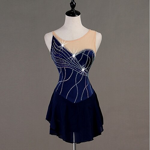 

Figure Skating Dress Women's Girls' Ice Skating Dress Outfits Dark Navy Mesh Spandex Practice Professional Competition Skating Wear Anatomic Design Quick Dry Handmade Classic Crystal / Rhinestone