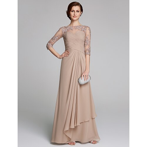 

A-Line Mother of the Bride Dress Sparkle & Shine Boat Neck Floor Length Chiffon Lace 3/4 Length Sleeve with Crystals Appliques 2022 / Illusion Sleeve