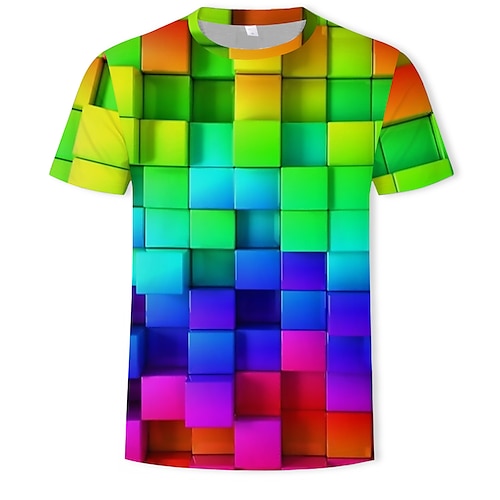 Men's T shirt Tee Graphic Geometric 3D Round Neck Purple Green Rainbow Casual Daily Short Sleeve Print Clothing Apparel