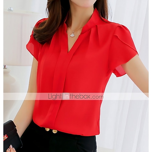 

Women's Blouse Plain Casual Daily Work Blouse Shirt Short Sleeve V Neck Basic Elegant Slim White Blue Rosy Pink S
