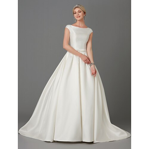 

Princess Wedding Dresses Bateau Neck Court Train Satin Short Sleeve with Bow(s) Buttons 2022