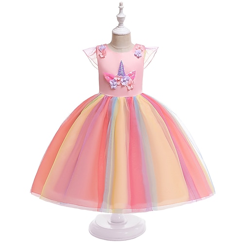 Kids Girls' Dress Patchwork Tulle Dress Knee-length Dress Short Sleeve Sweet Dress Purple Pink Yellow