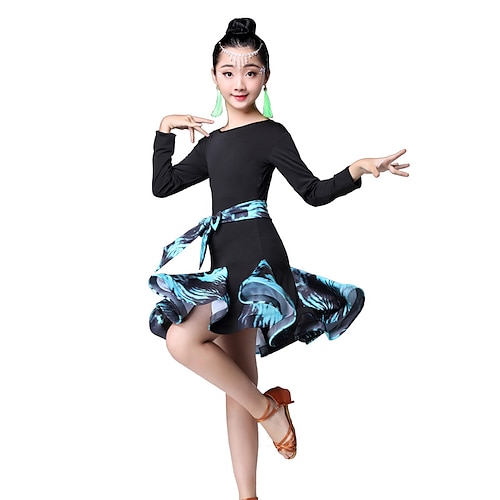 

Latin Dance Kids' Dancewear Dress Pattern / Print Ruching Split Joint Girls' Performance Long Sleeve High Nylon