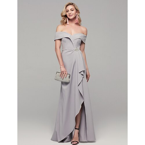 

Sheath / Column Elegant & Luxurious Prom Formal Evening Birthday Dress Off Shoulder Short Sleeve Floor Length Spandex with Rhinestone Split Front 2022