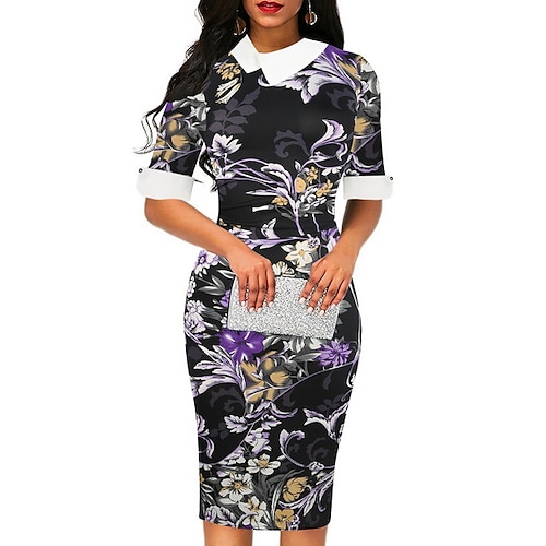 

Women's Sheath Dress Black Purple Yellow Half Sleeve Geometric Print Basic Slim S M L XL XXL