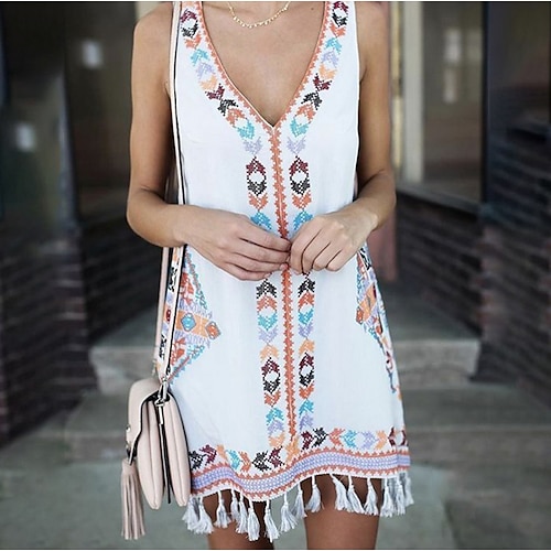 

Women's A Line Dress Short Mini Dress White Royal Blue Yellow Sleeveless Tassel Fringe Spring Summer V Neck Hot Boho Slim 2022 S M L XL XXL 3XL 4XL 5XL