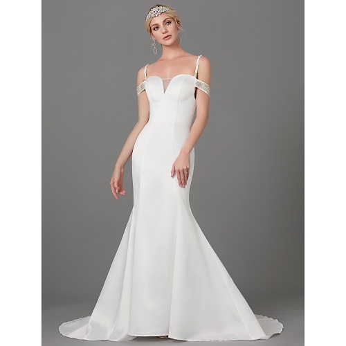 

Mermaid / Trumpet Wedding Dresses Spaghetti Strap Court Train Satin Sleeveless with Buttons Beading 2022