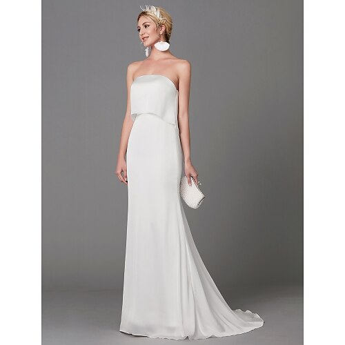 

Mermaid / Trumpet Wedding Dresses Strapless Sweep / Brush Train Satin Chiffon Sleeveless with Ruffles 2022