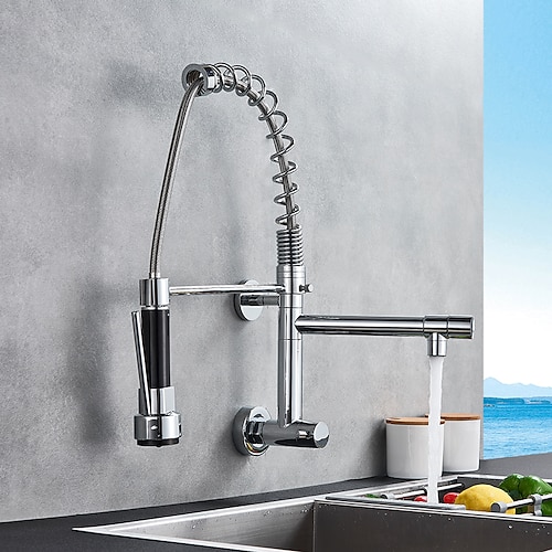 

Single Handle Two Holes Kitchen Faucet Chrome Pull-out Wall Mounted Contemporary Kitchen Taps Brass Only Cold Water