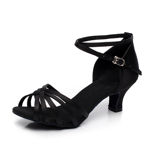 

Women's Latin Shoes Ballroom Shoes Salsa Shoes Basic Sandal Solid Color Flared Heel Buckle Almond Black Blue / Satin