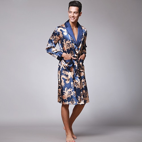

Men's Print Plus Size Pajamas Silk Robe Robes Gown Nightwear - Silk Elastic Silk-like Satin Home Bed Vacation Solid Colored Soft Fashion Print Satin Camel / Black / Wine L XL XXL