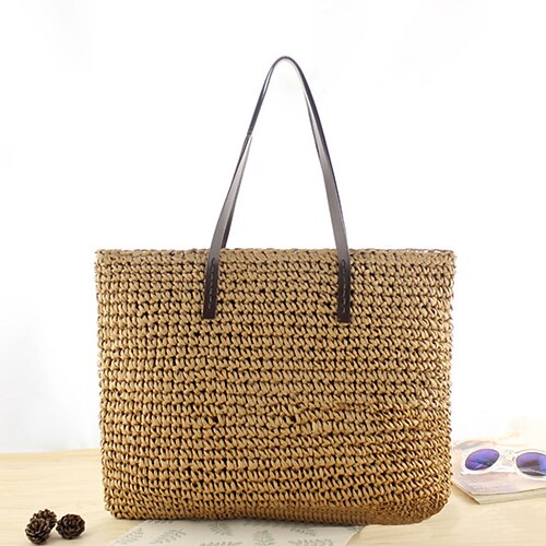 

Women's Straw Bag Handbags Tote Straw Bag Straw Bohemian Style Solid Color Holiday Beach Dark Brown Brown Beige