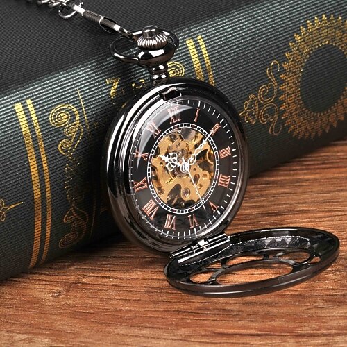 

Luxury Skeleton Black Retro Antique Skeleton Mechanical Pocket Watch Men Pocket Watch for Men Analog Mechanical manual-winding Casual Vintage Steampunk