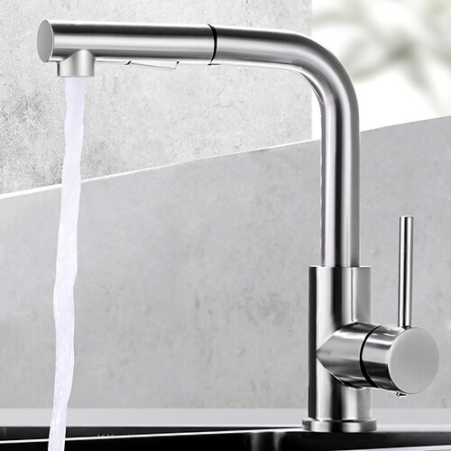

Brass Kitchen Faucet,SIngle Handle One Hole Nickel Brushed Pull-out Rotatable Kitchen Taps with Cold and Hot Water