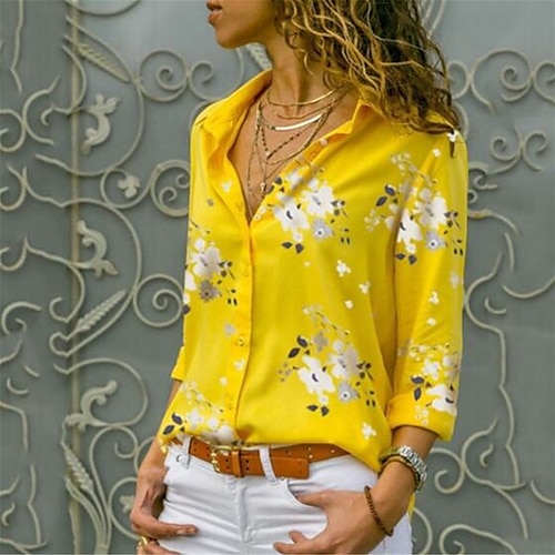 

Mulheres Camisa Social Blusa Leopardo Branco Amarelo Leopardo Floral Imprimir Manga Longa Trabalho Básico Casual Colarinho de Camisa Padrão S