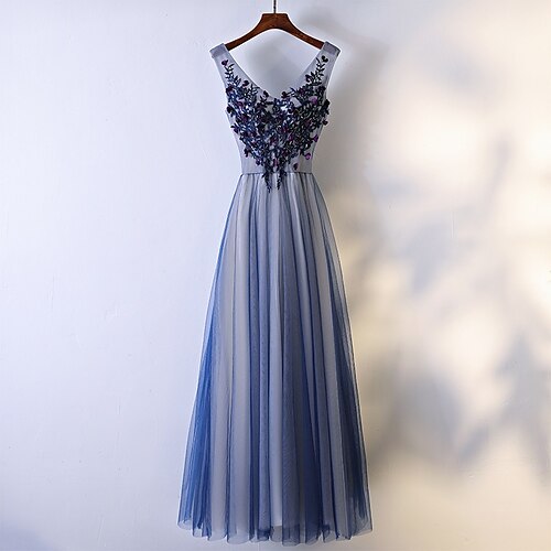 

A-Line Bridesmaid Dress V Neck Sleeveless Elegant Floor Length Tulle with Beading / Appliques 2022