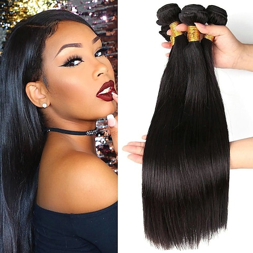 

3 Bundles Hair Weaves Brazilian Hair Straight Human Hair Extensions Virgin Human Hair Natural Color Hair Weaves / Hair Bulk Bundle Hair One Pack Solution 8-28 inch Natural Color Odor Free Smooth Best