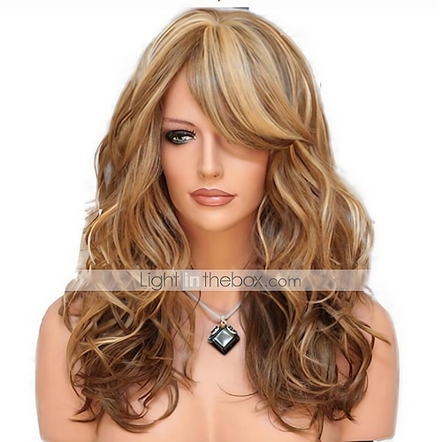

Blonde Wigs for Women Synthetic Wig Curly with Bangs Wig Medium Length Light Golden Light Brown Black / Red Synthetic Hair