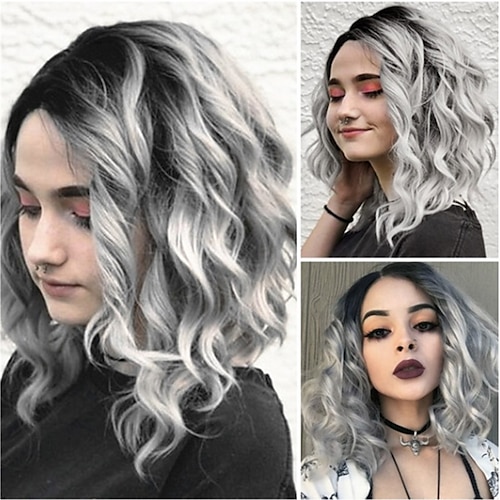 

Gray Wigs for Women Synthetic Wig Ombre Body Wave Kardashian Bob Free Part Wig Short Grey Synthetic Hair 12Inch Fashionable Design Life Classic Ombre