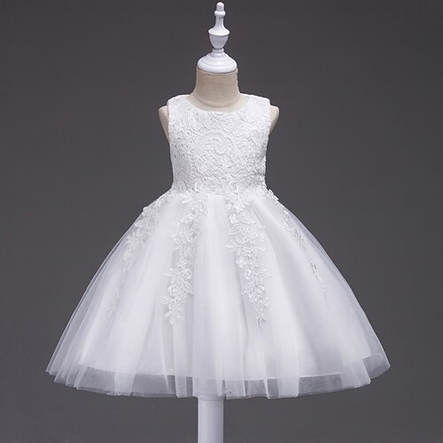 

Wedding First Communion Princess Flower Girl Dresses Jewel Neck Midi Lace Tulle Spring Summer with Lace Bow(s) Cute Girls' Party Dress Fit 3-16 Years